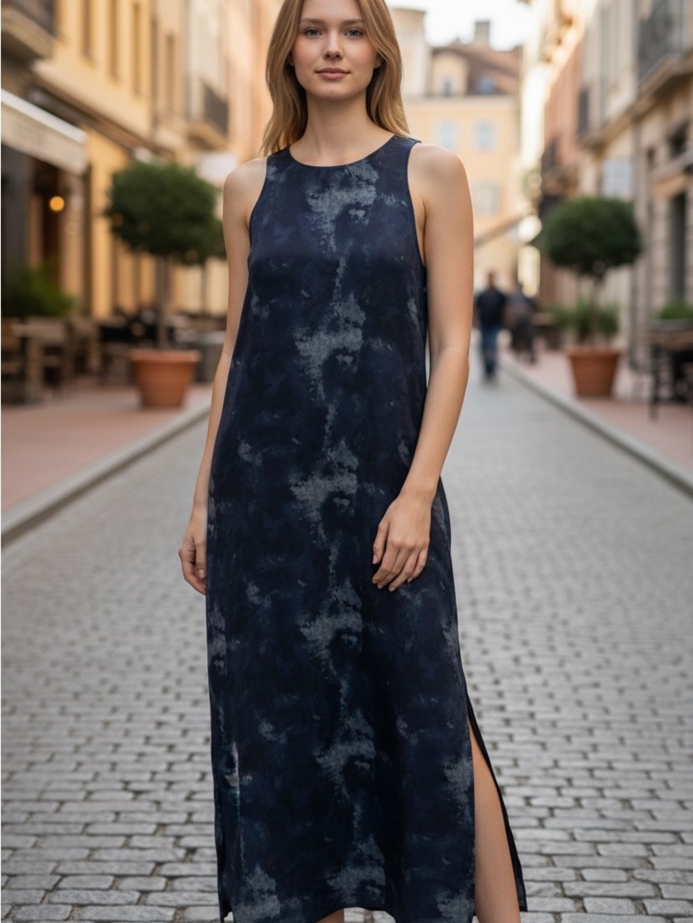 Sleeveless Navy Tie-Dye Maxi Dress